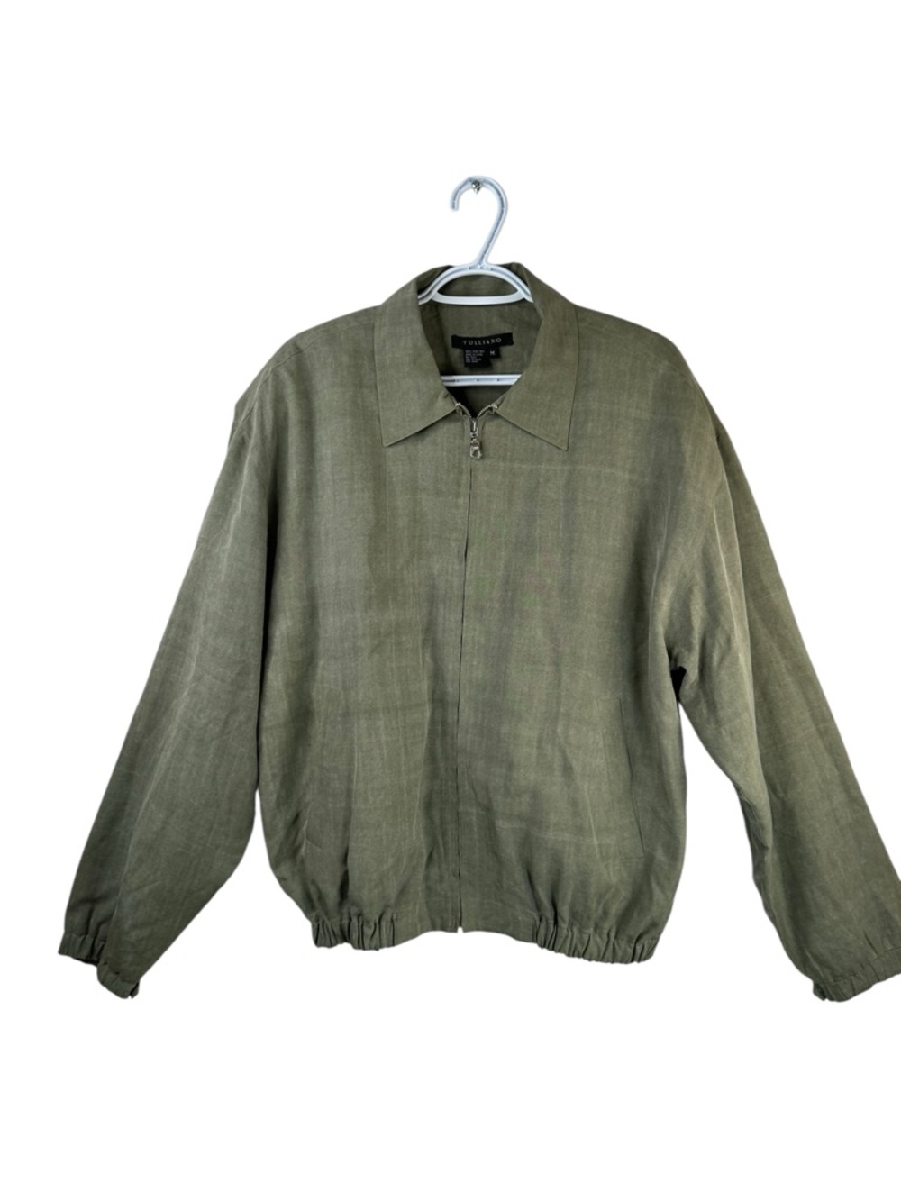 Vintage Tulliano 100% Silk Bomber Jacket M Olive Green 90s Mens Retro Full Zip
